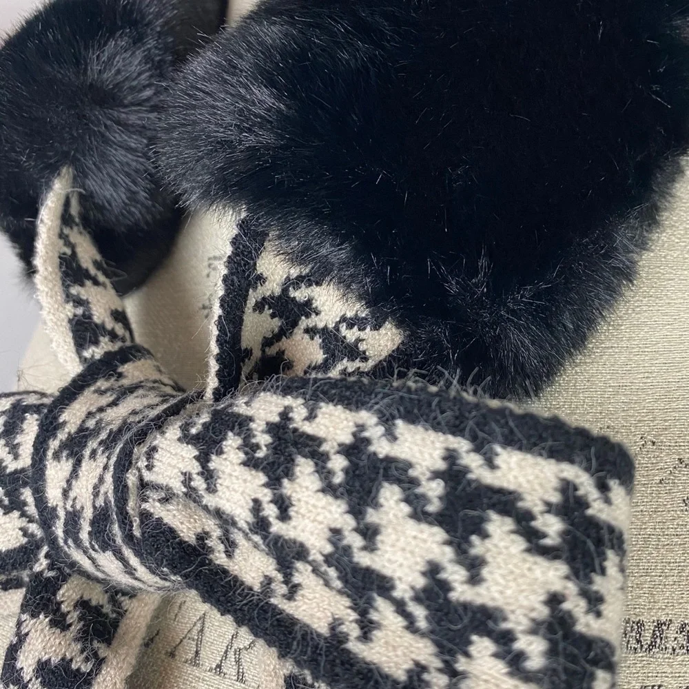 Faux Fur Neck Scarf Houndstooth Foulard Black White Tie